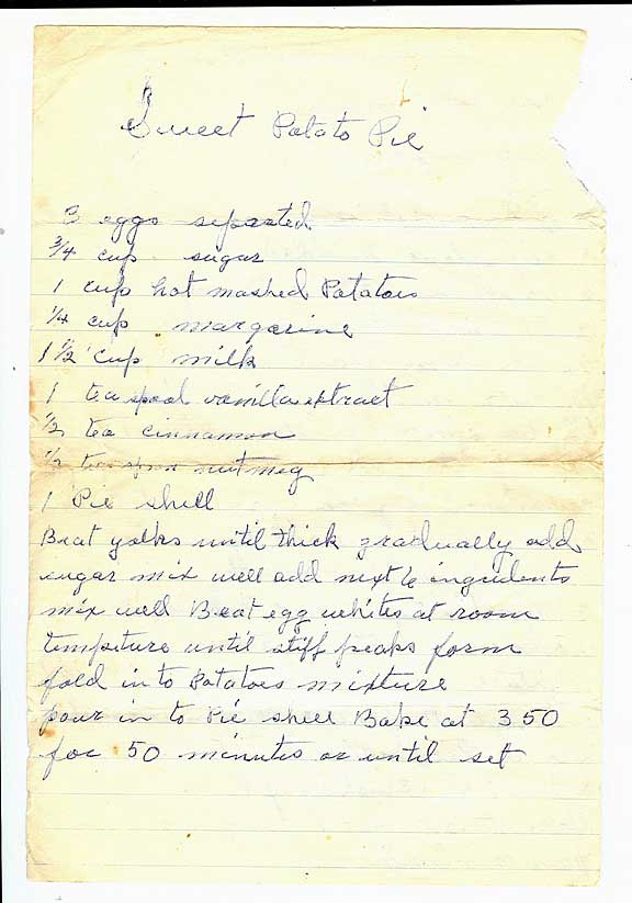 Original Handwritten Sweet Potato Pie Recipe
